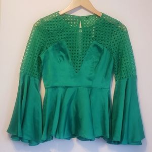 NYC Exclusive Boutique Blouse Satin Lace Peplum Emerald Green Lantern Sleeve S